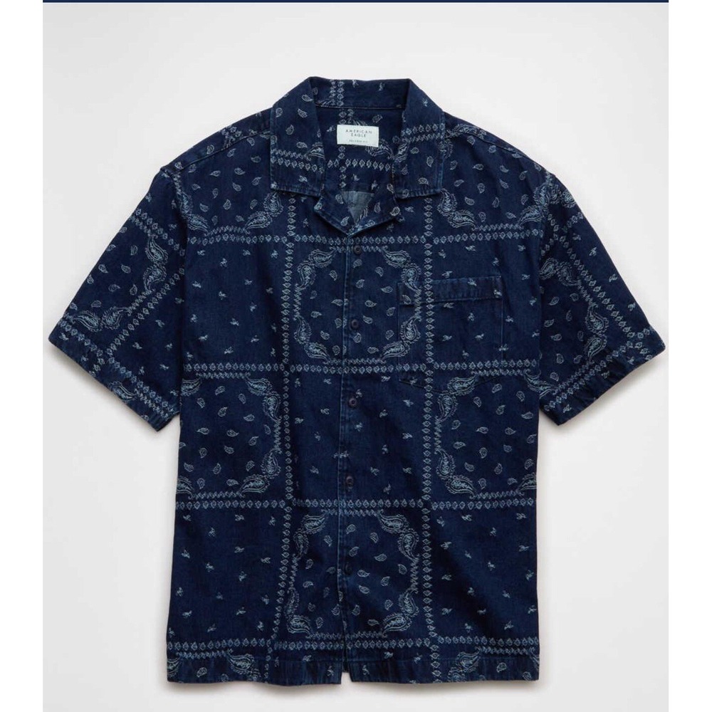 American Eagle Button Up Shirt Men's Size L Tall Blue Relaxed Bandana Paisley - Picture 5 of 16